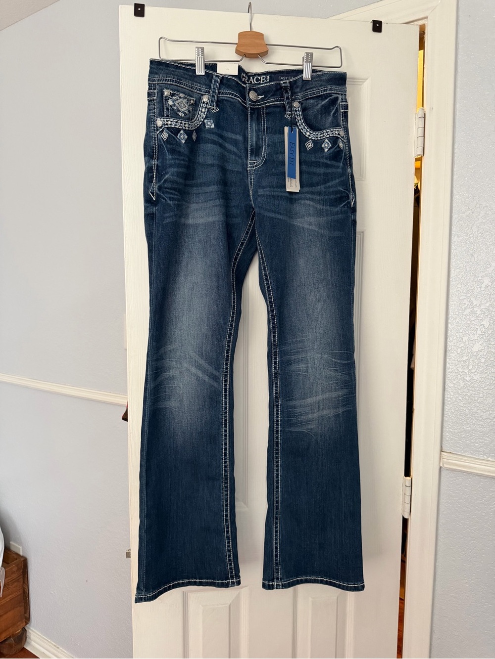 Grace in LA Dark Blue Embellished Flare Jeans